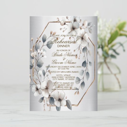 リハーサルディナーホワイトフラワーゴールデンフレームシルバー 招待状 (スタンド正面)