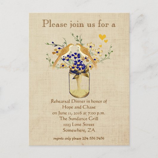 リハーサルディナーメイソンジャールワイルドフラワーラブバード インビテーションポストカード (正面)