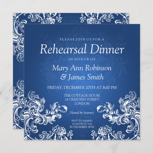リハーサルディナーヴィンテージスワール2サファイアブルー 招待状 (正面/裏面)