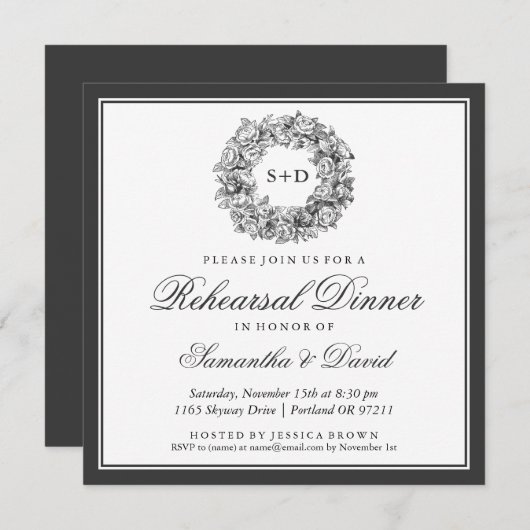 リハーサルディナーヴィンテージフローラモノグラム黒 招待状 (正面/裏面)