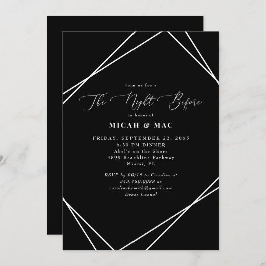リハーサルディナー前の夜の白黒 招待状 (正面/裏面)