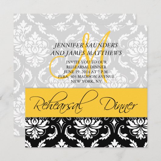 リハーサルディナー招待状ダマスクモノグラムイエロー 招待状 (正面/裏面)