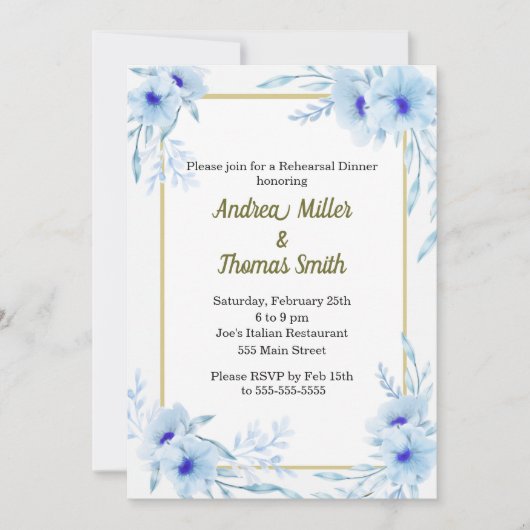 リハーサルディナー招待状フローラブルー金ゴールド 招待状 (正面)