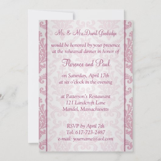 リハーサルディナー招待状-ダマスク濃いピンク 招待状 (裏面)
