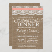 リハーサルディナー招待状、バーラップ&レース、サンゴ 招待状 (正面/裏面)