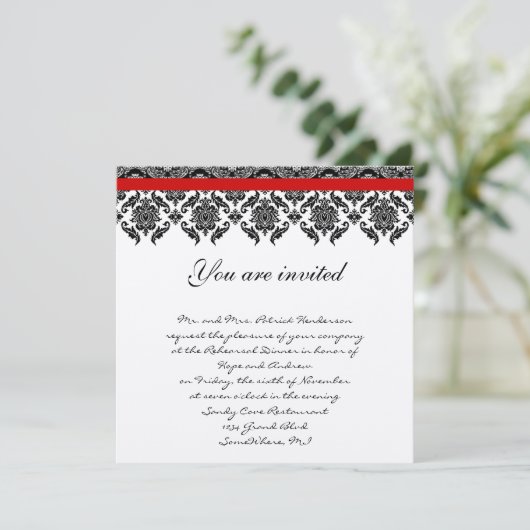 リハーサルディナー招待状-ヴィンテージブラックダマスク 招待状 (スタンド正面)
