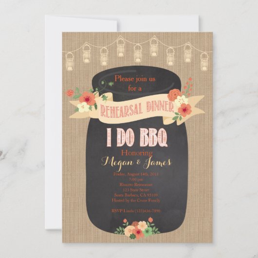 リハーサルディナー招待状。僕はバーベキューをする、メイスン・ジャー 招待状 (正面)