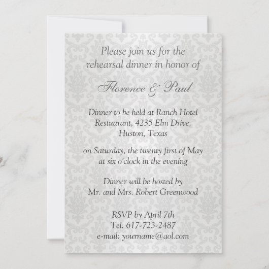 リハーサルディナー招待状。青いダマスクパターン。 招待状 (裏面)
