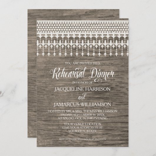 リハーサルディナー素朴ウッドフェンスレースタイポグラフィ 招待状 (正面/裏面)