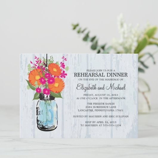 リハーサルディナー素朴メイソンジャールガーベラデイジー 招待状 (スタンド正面)