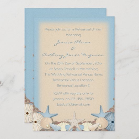 リハーサルディナー美しい熱帯ビーチ殻 招待状 (正面/裏面)
