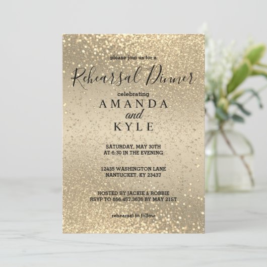 リハーサルディナー金ゴールドと金ゴールドグリッター 招待状 (スタンド正面)