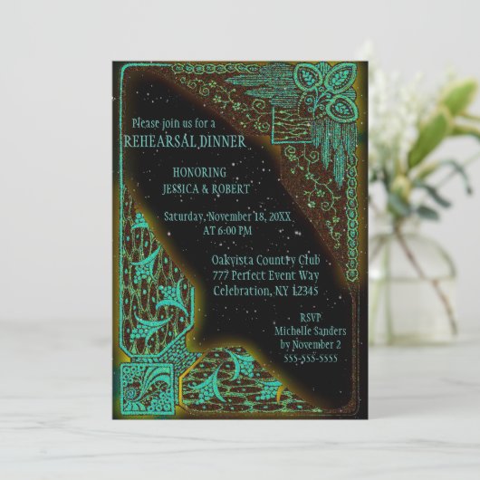 リハーサルディナー |アールデコターコイズと緑 招待状 (スタンド正面)