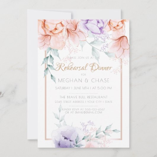 リハーサルディナー |サンゴ/薄紫アクアレル牡丹 招待状 (正面)