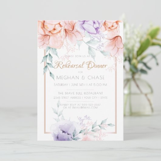 リハーサルディナー |サンゴ/薄紫アクアレル牡丹 招待状 (スタンド正面)