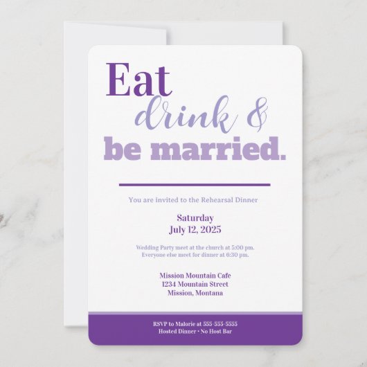 リハーサルディナー パープル Eat Drink and Be Married 招待状 (正面)