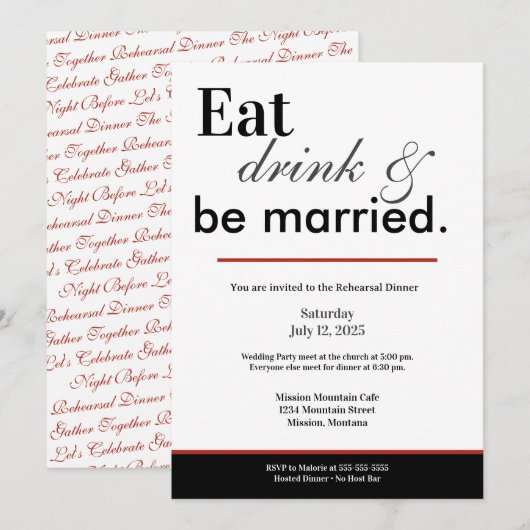リハーサルディナー 黒と赤の Eat Drink & Be Married 招待状 (正面/裏面)