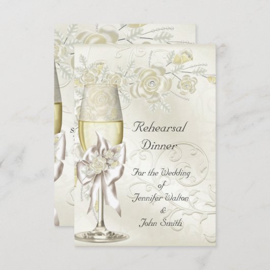 リハーサルディナ結婚ーの金ゴールドクリームパールフローラ 招待状 (正面/裏面)