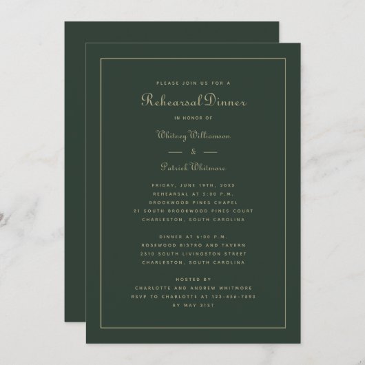 リハーサルディナ結婚ーズエメラルドグリーン&金ゴールド 招待状 (正面/裏面)
