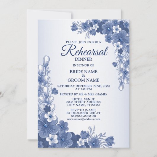 リハーサルディナ結婚ーパーティーのフローラブルー素朴 招待状 (正面)