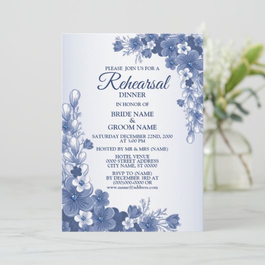 リハーサルディナ結婚ーパーティーのフローラブルー素朴 招待状 (スタンド正面)