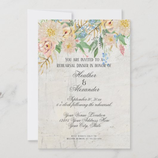 リハーサルモダンディナーウォーターカラーフローラ大理石 招待状 (正面)