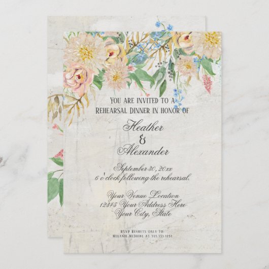 リハーサルモダンディナーウォーターカラーフローラ大理石 招待状 (正面/裏面)