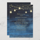 リハーサル前のネイビーブルー金ゴールドストリングライト 招待状 (正面/裏面)