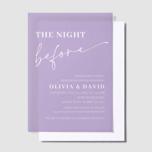 リハーサル前の夜のライトパープル ベラム紙招待状 (オフセット)
