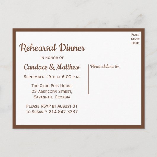 リハーサル素朴ディナーサンフラワーブラウンフローラ インビテーションポストカード (裏面)