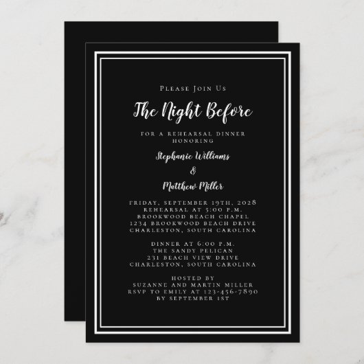 リハーサル結婚ディナーの白黒前の夜 招待状 (正面/裏面)
