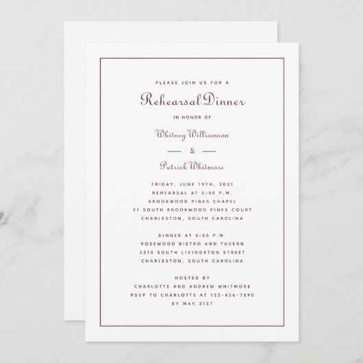 リハーサル結婚ディナーエレガントのBurgundyスクリプト 招待状 (正面/裏面)