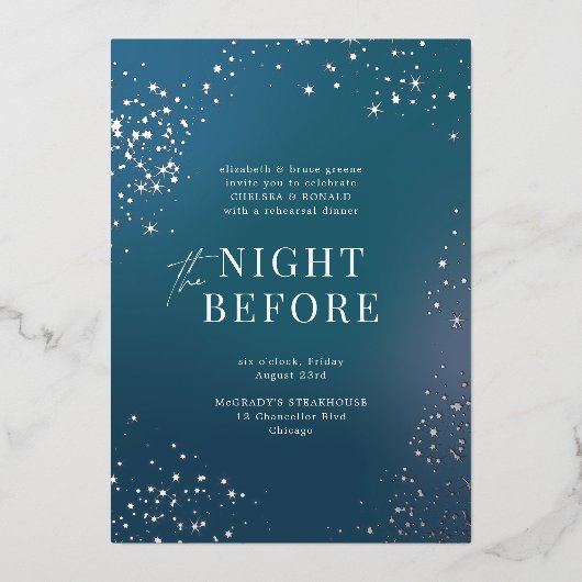 リハーサル結婚ディナー前のブルースター夜 箔招待状 (正面)