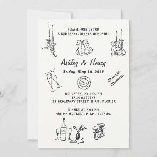 リハーサル・ディナーの前に手で一晩を引いた 招待状 (裏面)