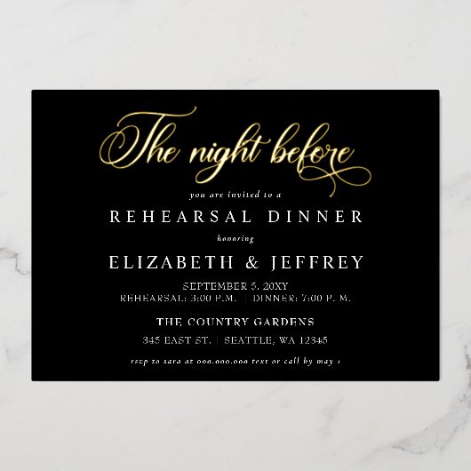 リハーサル・ディナーの前の夜のブラックスクリプト 箔招待状 (正面)
