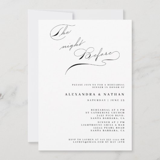 リハーサル・ディナーの前の夜のミニマリスト 招待状 (正面)