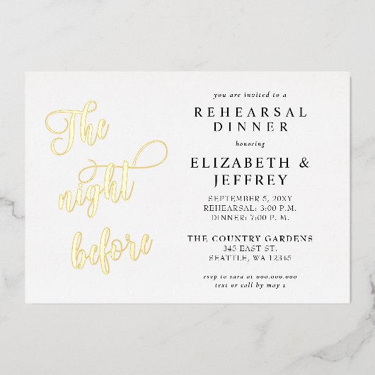リハーサル・ディナーの前の夜の書道 箔招待状 (正面)