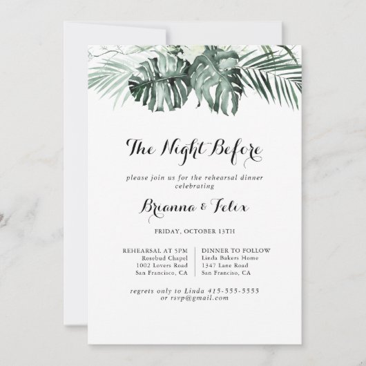 リハーサル・ディナーの前の熱帯の緑の夜 招待状 (正面)