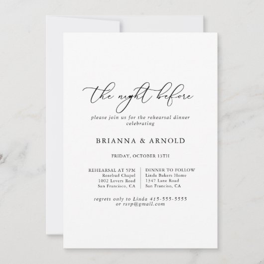 リハーサル・ディナー前のシックなミニマリスト 招待状 (正面)
