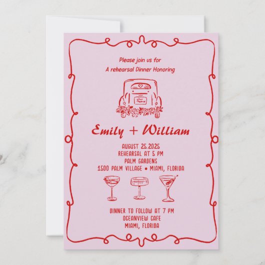 リハーサル・ディナー前の夜に描かれたピンクの手 招待状 (裏面)