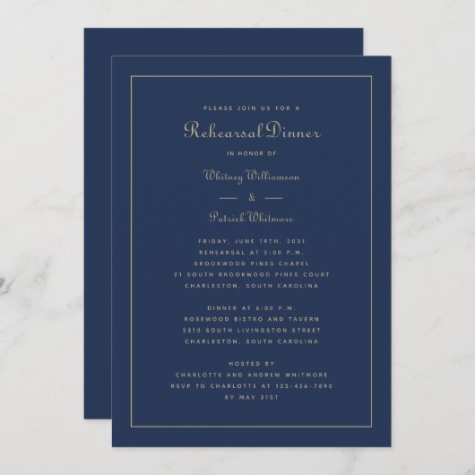 リハーサル・ディナ結婚ーのネービー・ブエレガントルー・金ゴールド 招待状 (正面/裏面)