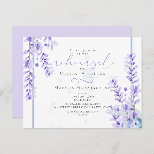 リハーサル |水彩ラベンダー – ほこりっぽいブルーフローラ 招待状 (正面/裏面)