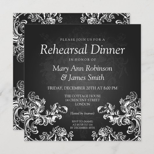 リハー結婚サルディナーヴィンテージが2つ黒に旋回 招待状 (正面/裏面)