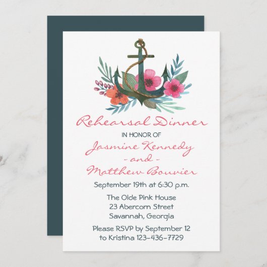 リハー航海のサルディナーいかりフローラピンクティール(緑がかった色) 招待状 (正面/裏面)