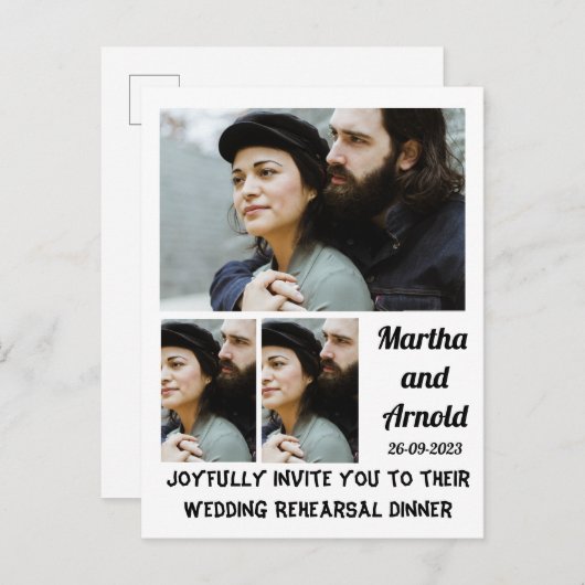 リハ結婚ーサルディナーカスタム3フォトコラージュ インビテーションポストカード (正面/裏面)