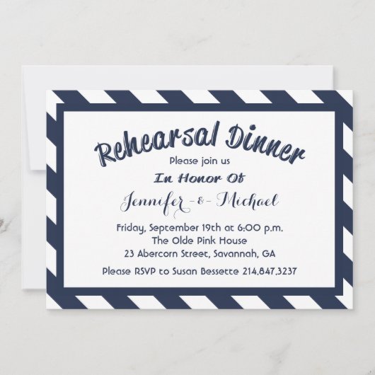 リハ航海のーサルディナーネイビーブルー&ホワイトストライプ 招待状 (正面)