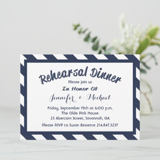 リハ航海のーサルディナーネイビーブルー&ホワイトストライプ 招待状 (スタンド正面)