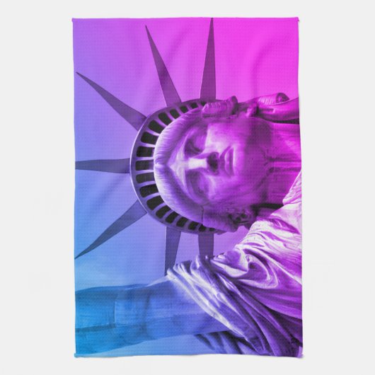 リバティポップ・アートのーニューヨークのブルーパープルの芸術像 キッチンタオル (縦)