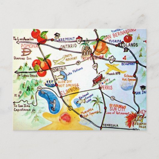 リバーサイド – カリフォルニアのカラフル地図 ポストカード (正面)