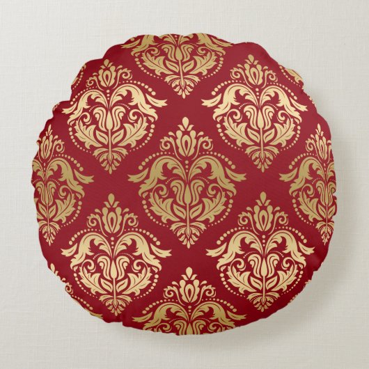 リバーシブルブルブルゴーニュ&金ゴールドヴィンテージフローラダマスク ラウンドクッション (正面)